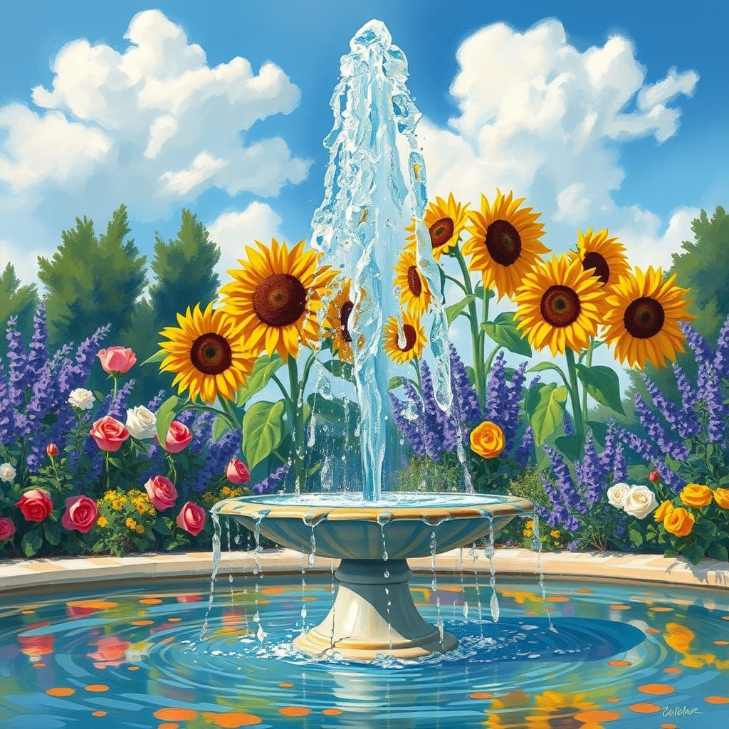 Impressionistic Fountain Reflecting Lush Garden Scene