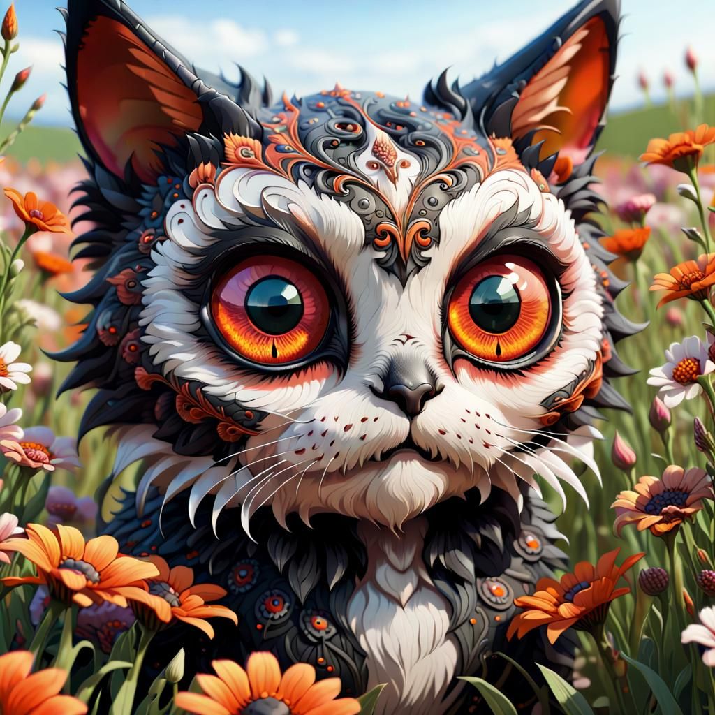 Cute Monster Cat in a Field of Flowers