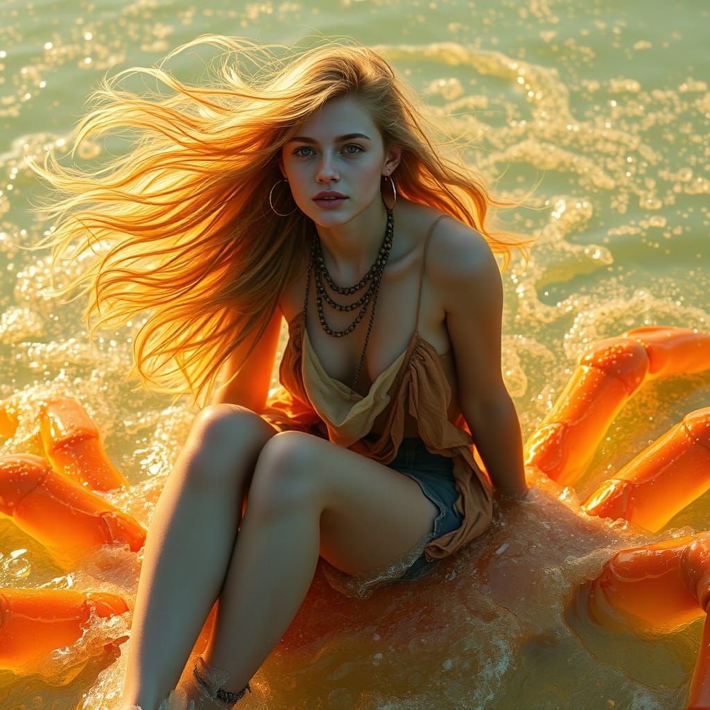 Woman on Gummy Crab in Dreamlike Soda Sea