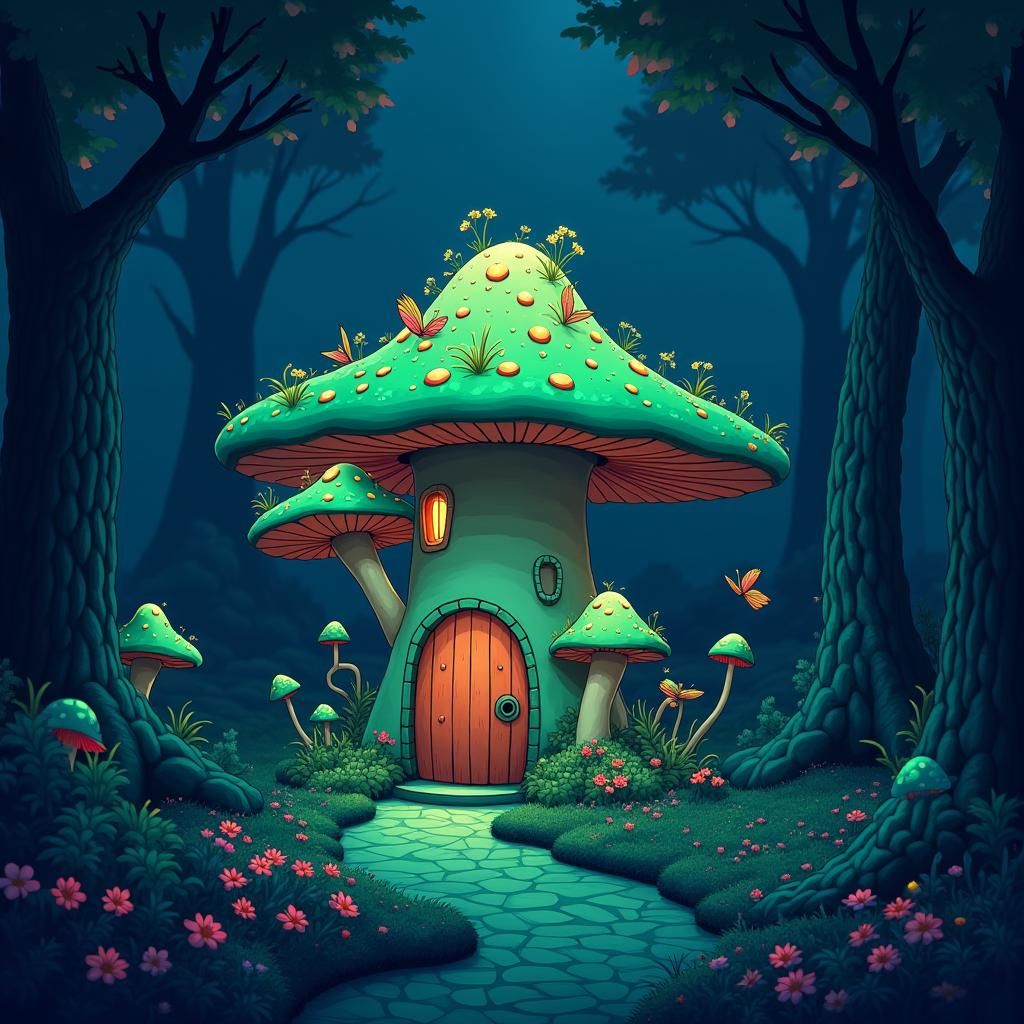 Enchanted Fairy Mushroom House in Bioluminescent Forest