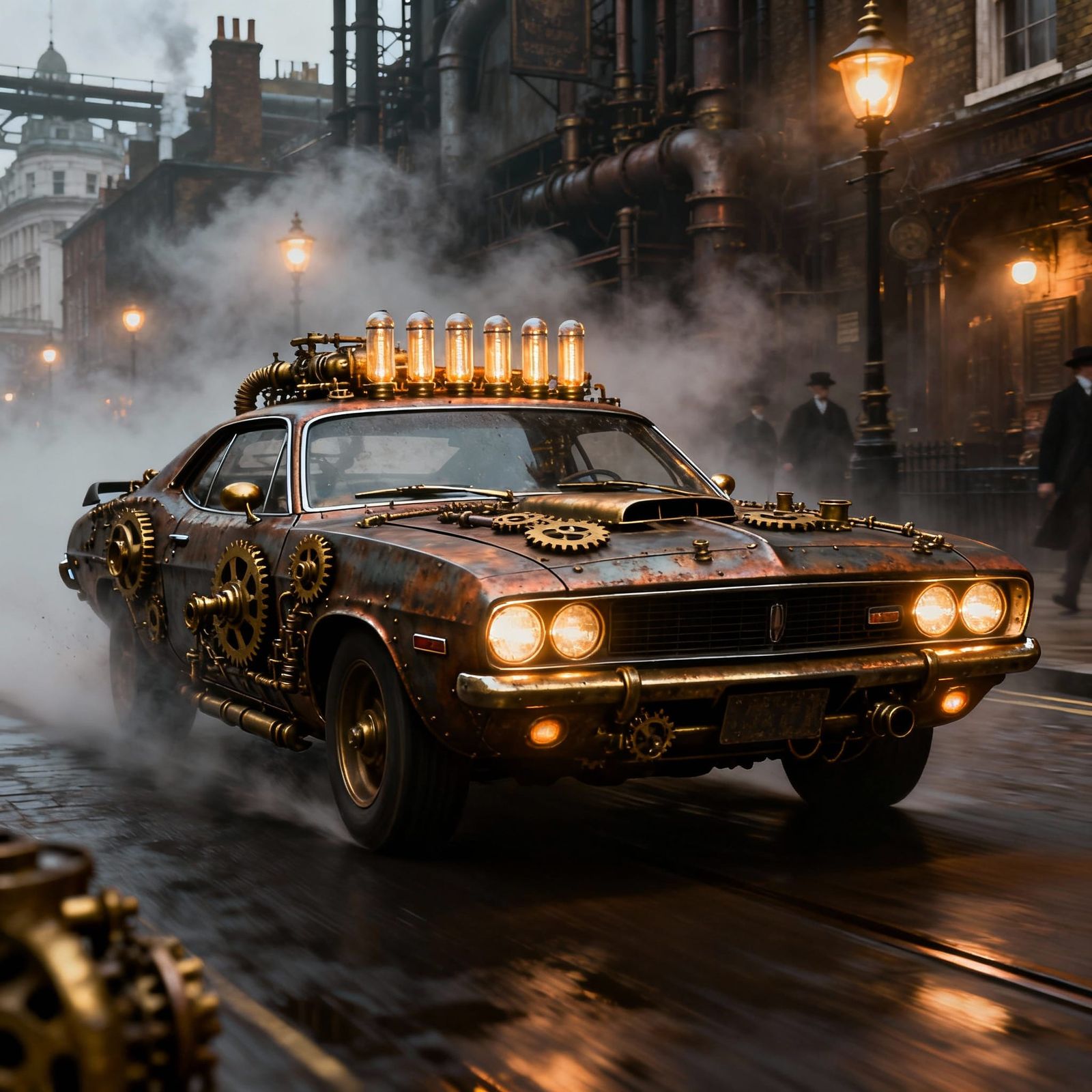 Steampunk 1972 Plymouth Barracuda in Foggy Victorian London