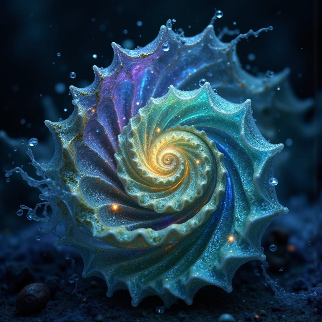 Glowing Nautilus Shell in Surreal Starry Night