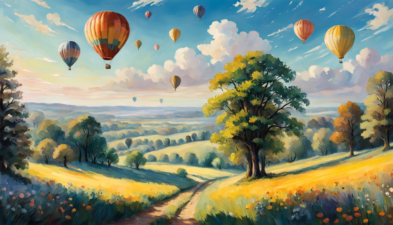 Impressionist Countryside Scene with Colourful Hot Air Ballo...