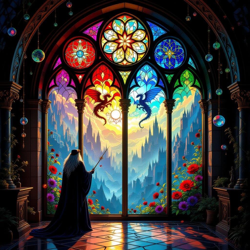 Wizard Chamber Through Dragon Battle Stained Glass Window