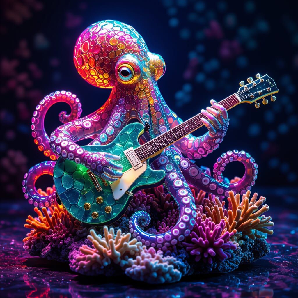 Octopus Sculpture of Sea Glass Playing Guitar
