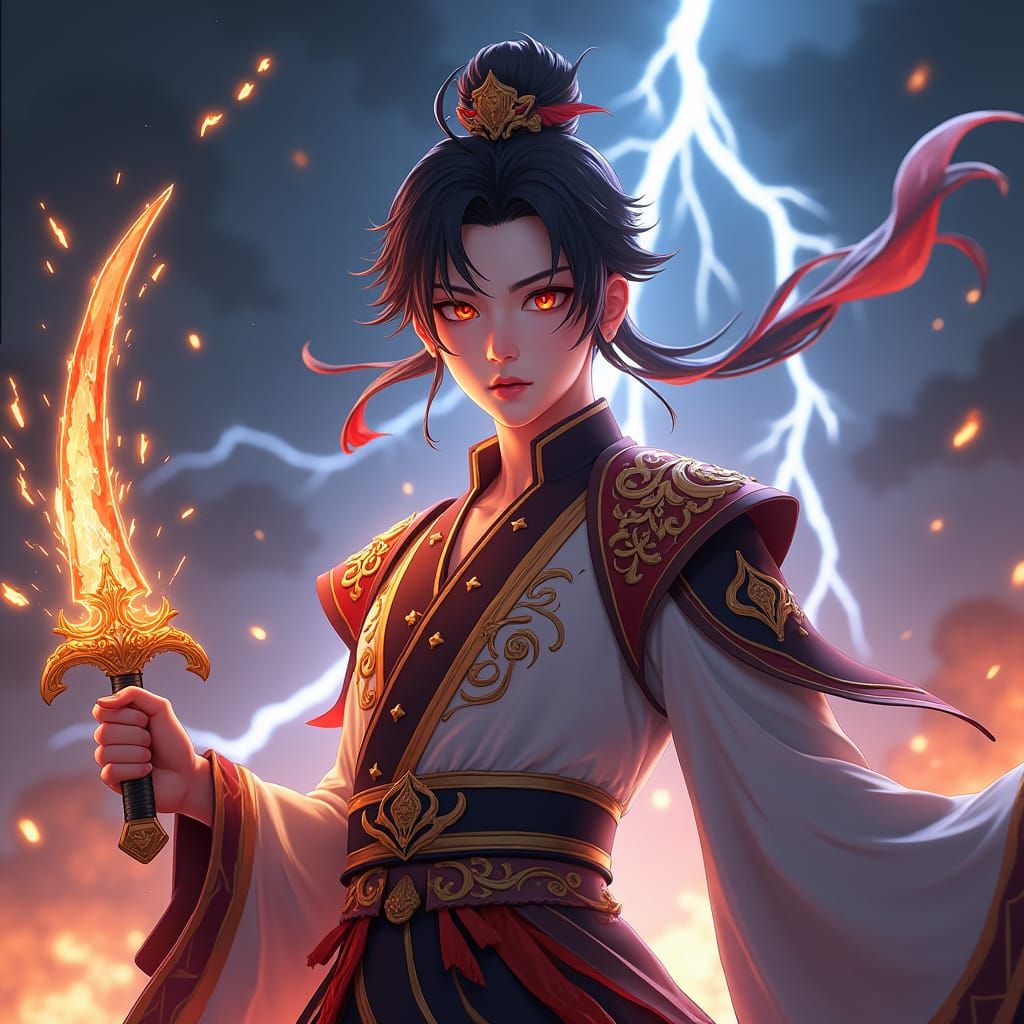 Jin Woo with Blazing Eyes and Thunderous Background