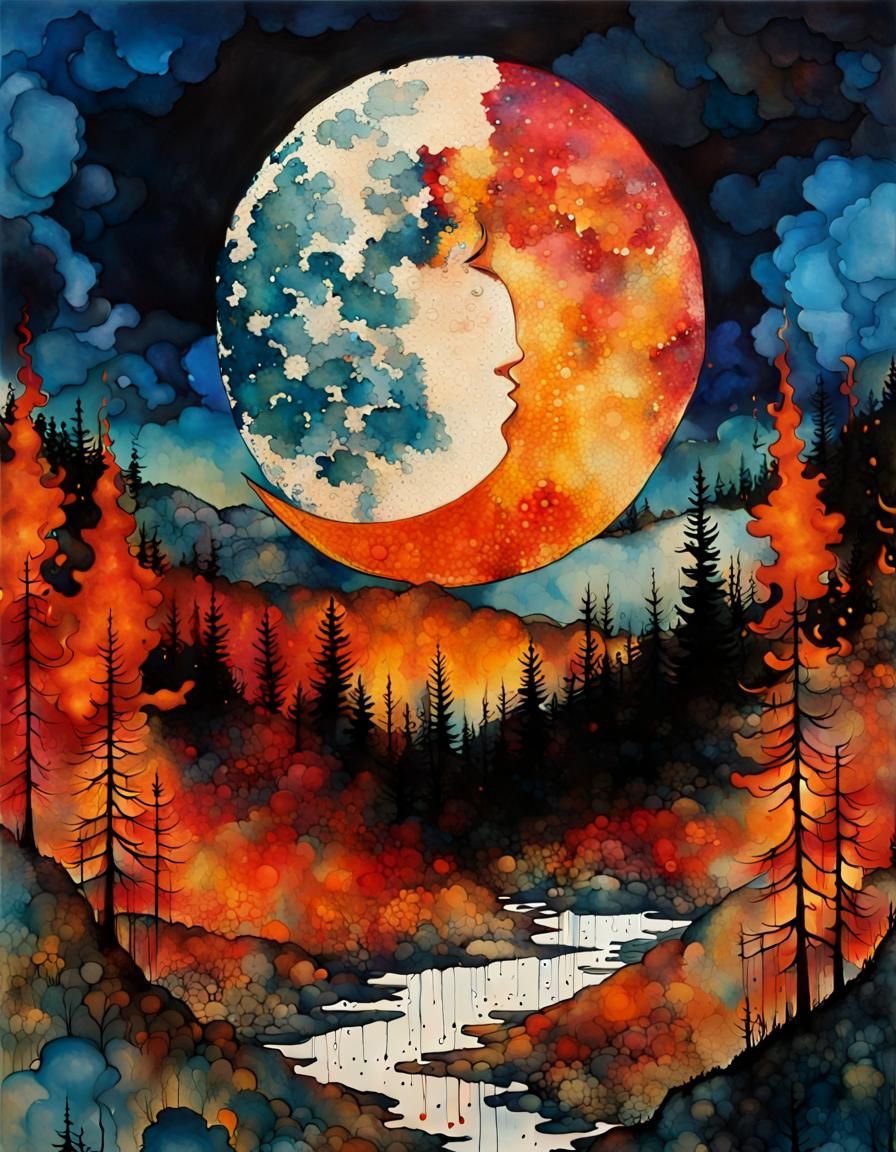 Fiery Crescent Moon Over Snowcapped Peaks