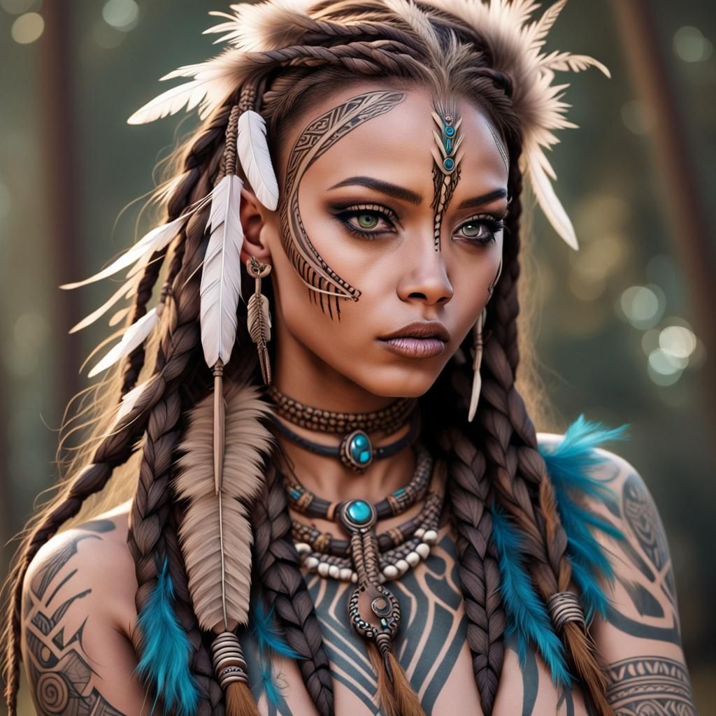 Fierce Tribal Warrioress with Braids and Face Tattoo
