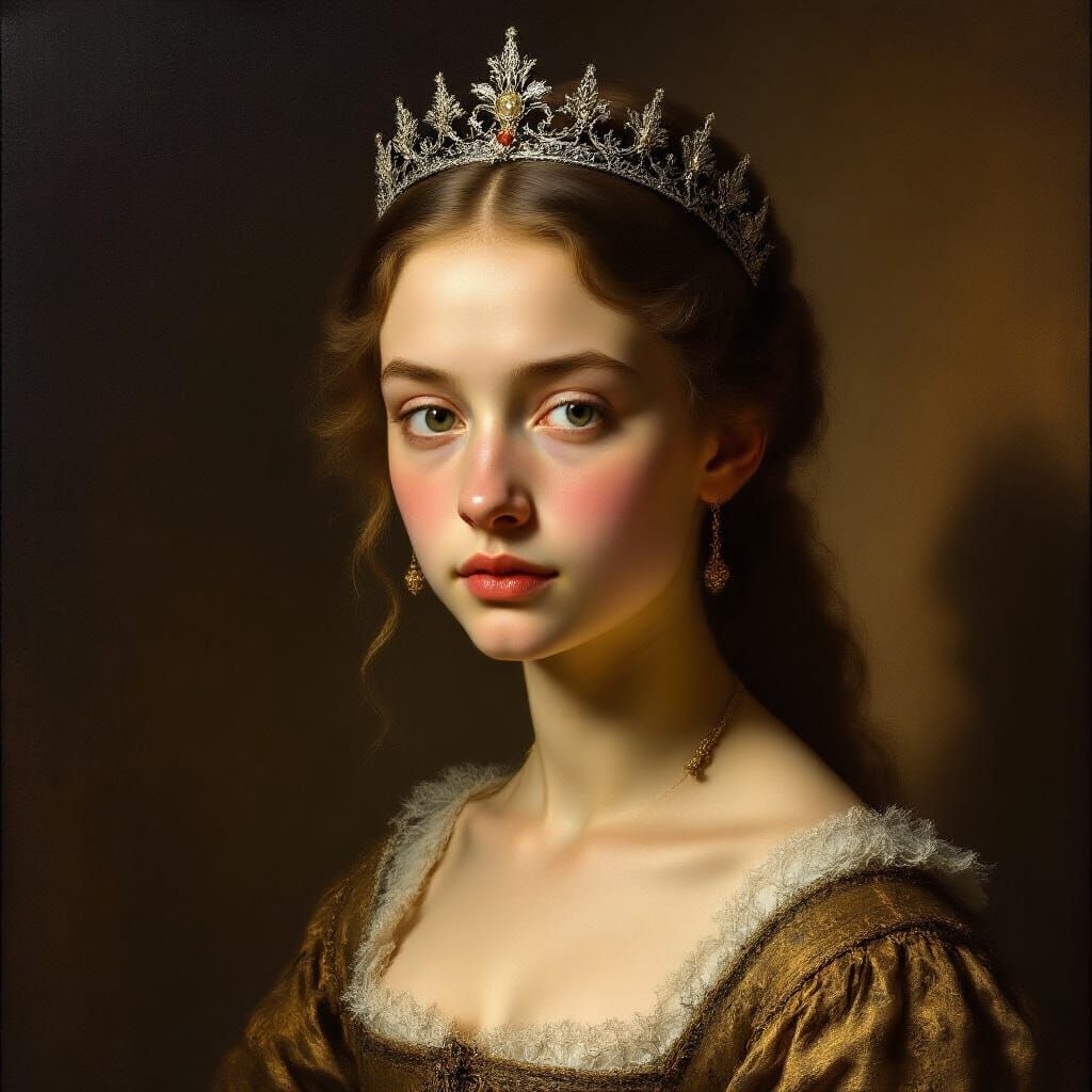 Medieval Woman with Silver Tiara in Rembrandt Style