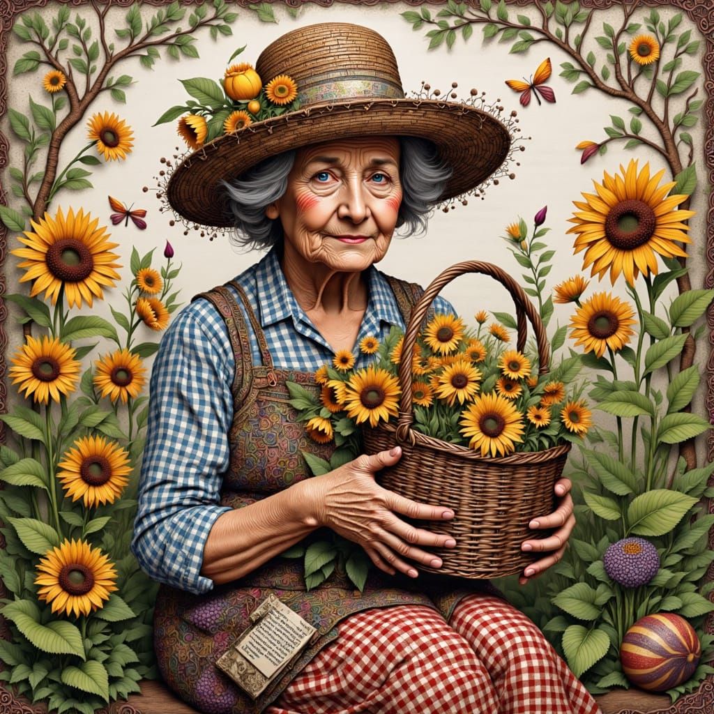 Garden Witch Amidst Vibrant Botanicals in a Whimsical Oil-on...