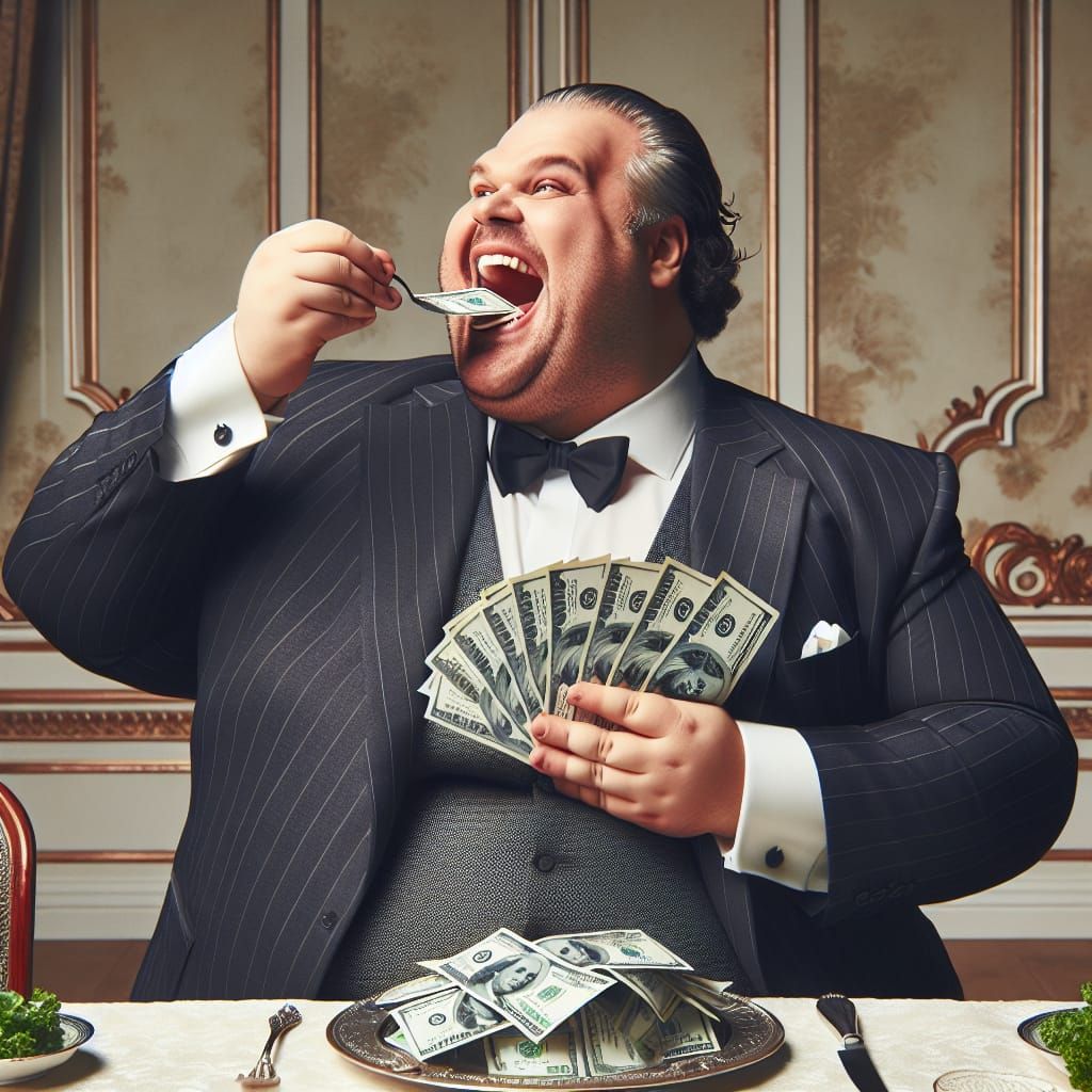 Satirical Image of Rich Man Eating Cash
