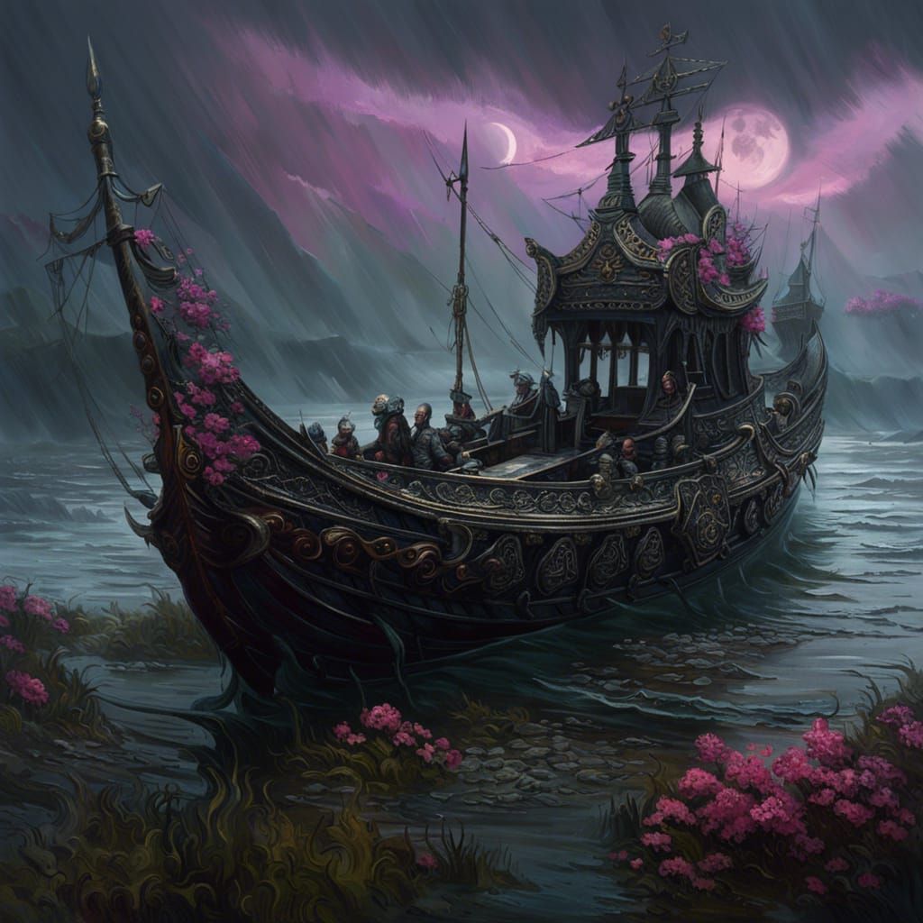 Elven Cyberpunk Longship on Misty Lakeside