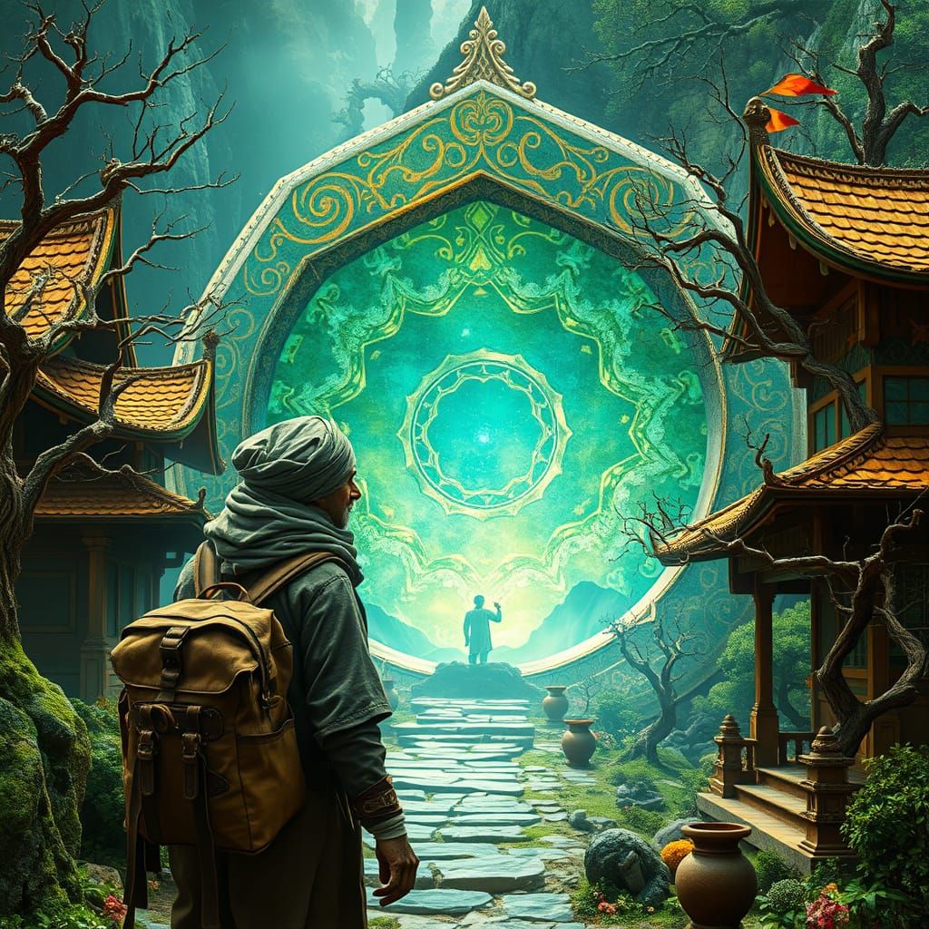 Traveler steps through the shimmering stargate