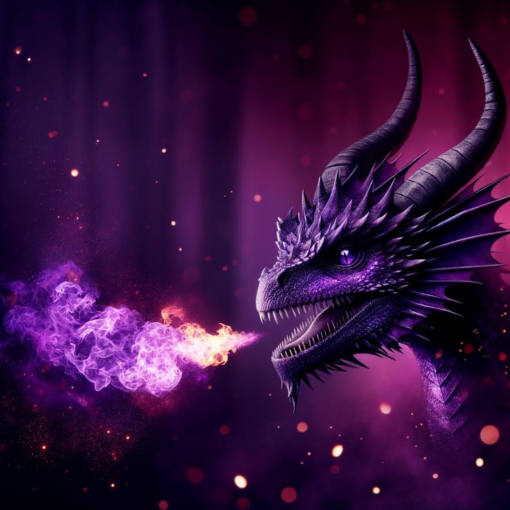 Dark Fantasy Woman with Violet Dragon Breathing Purple Fire
