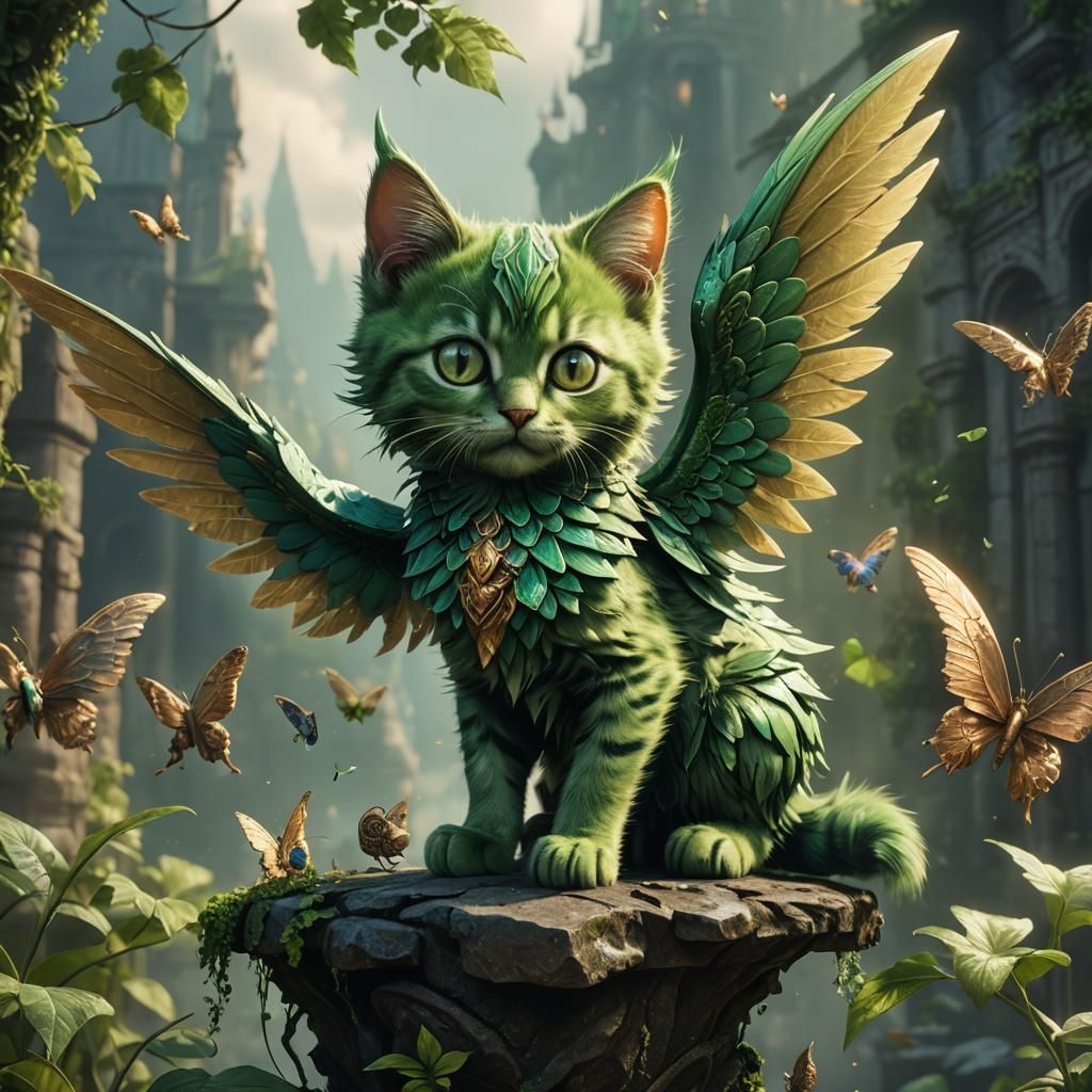 Fantastical Green Kitten with Wings in Detailed Painting