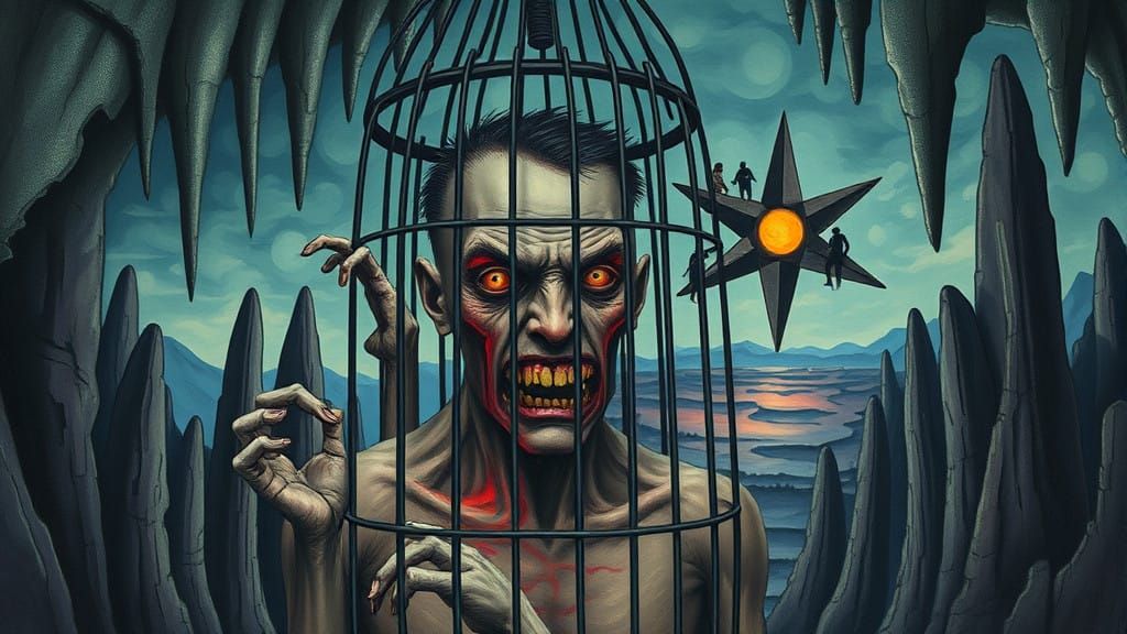 Surreal Prison Scene with Distorted Landscape and Claustroph...