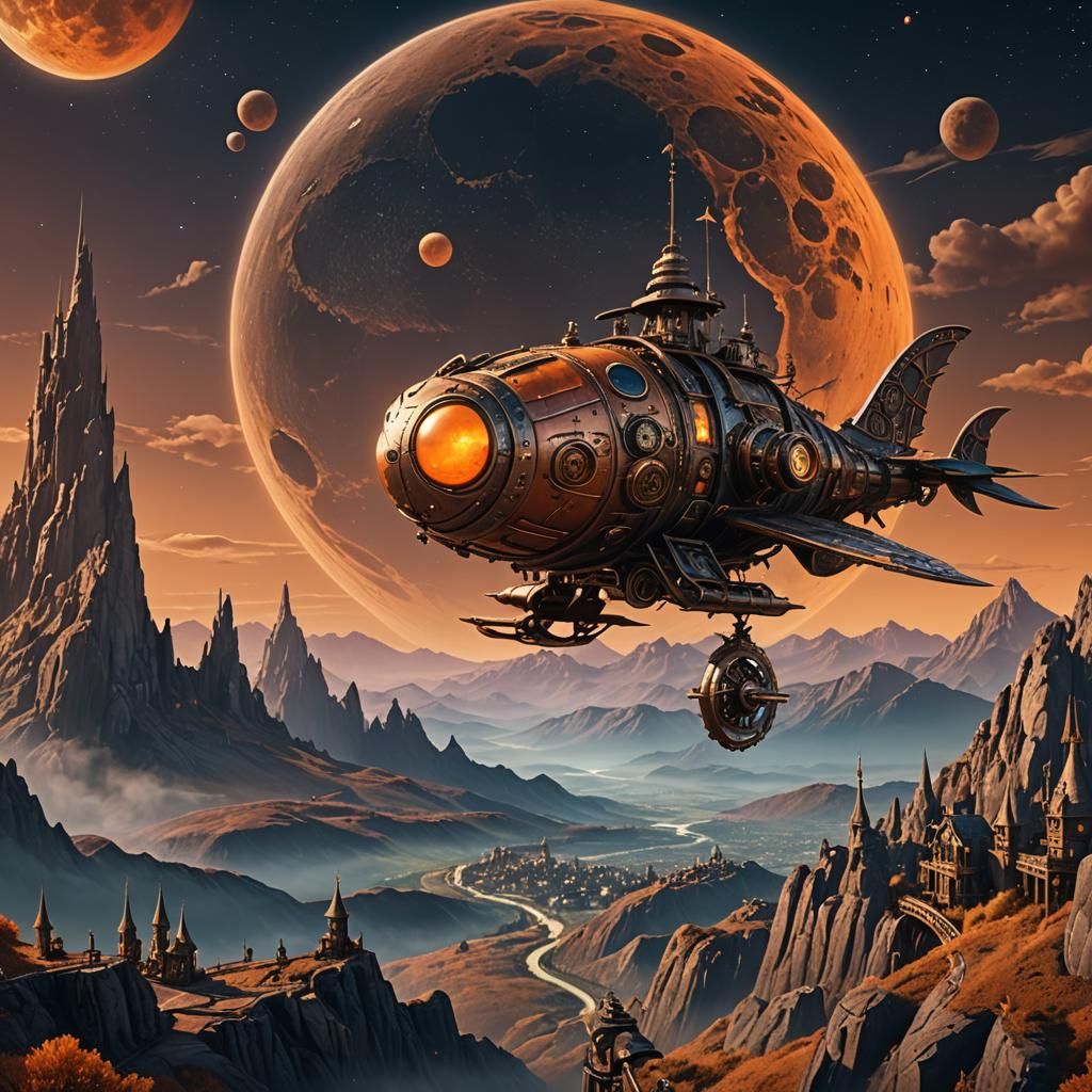 Steampunk Rabbit Drives Alien Ship Under Orange Moon