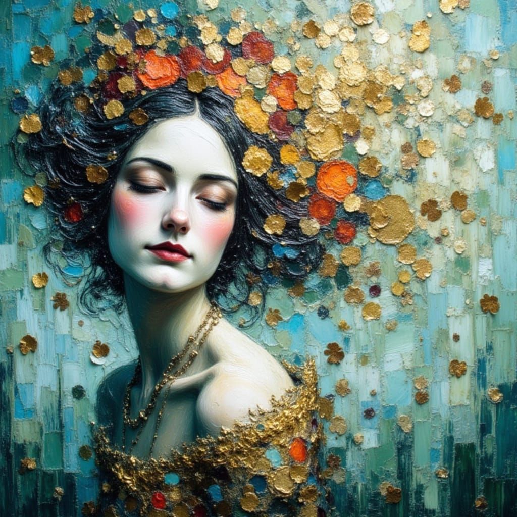 Nature Goddess in Gold and Crimson Hues