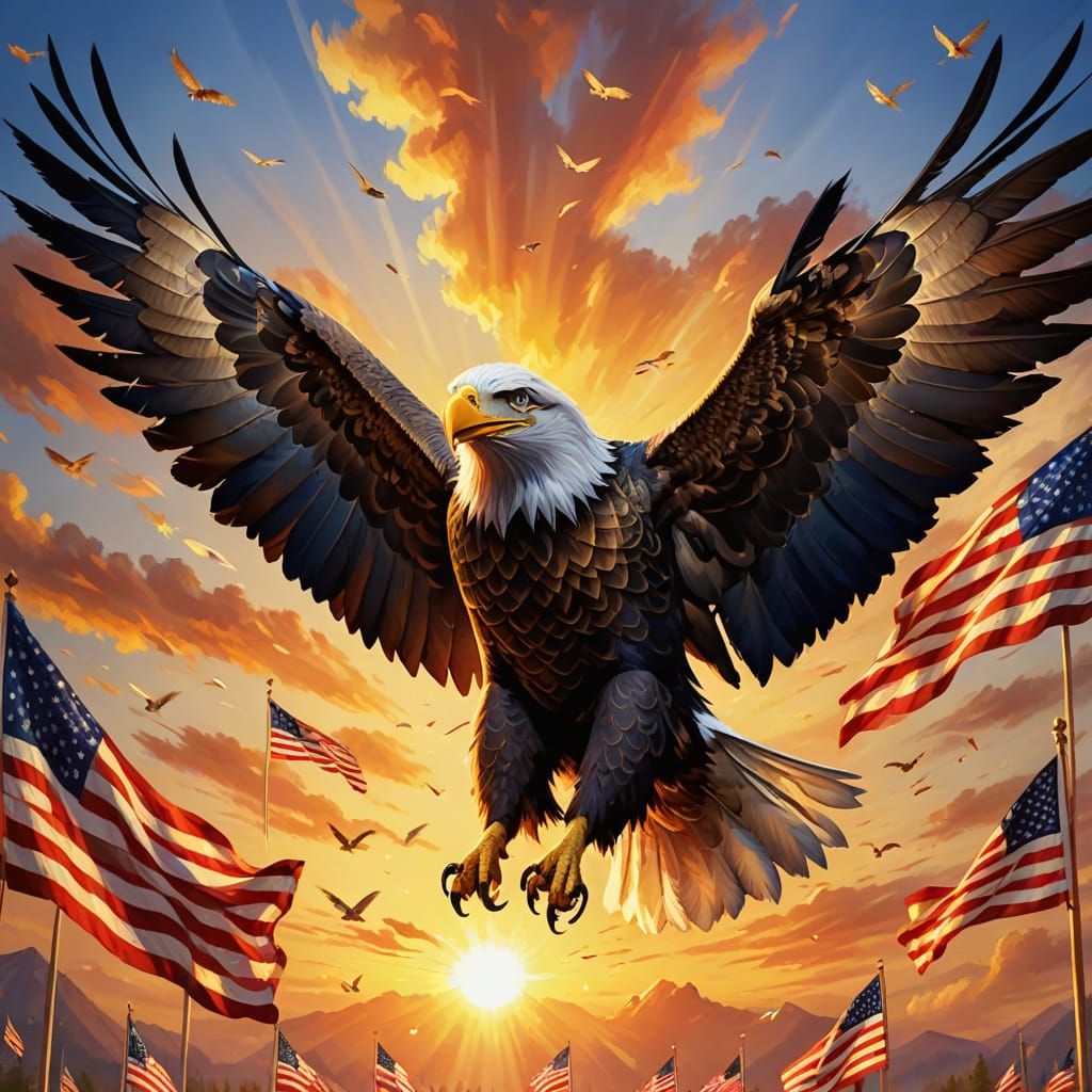 American Eagle Flies Over Flags in Oil Painting