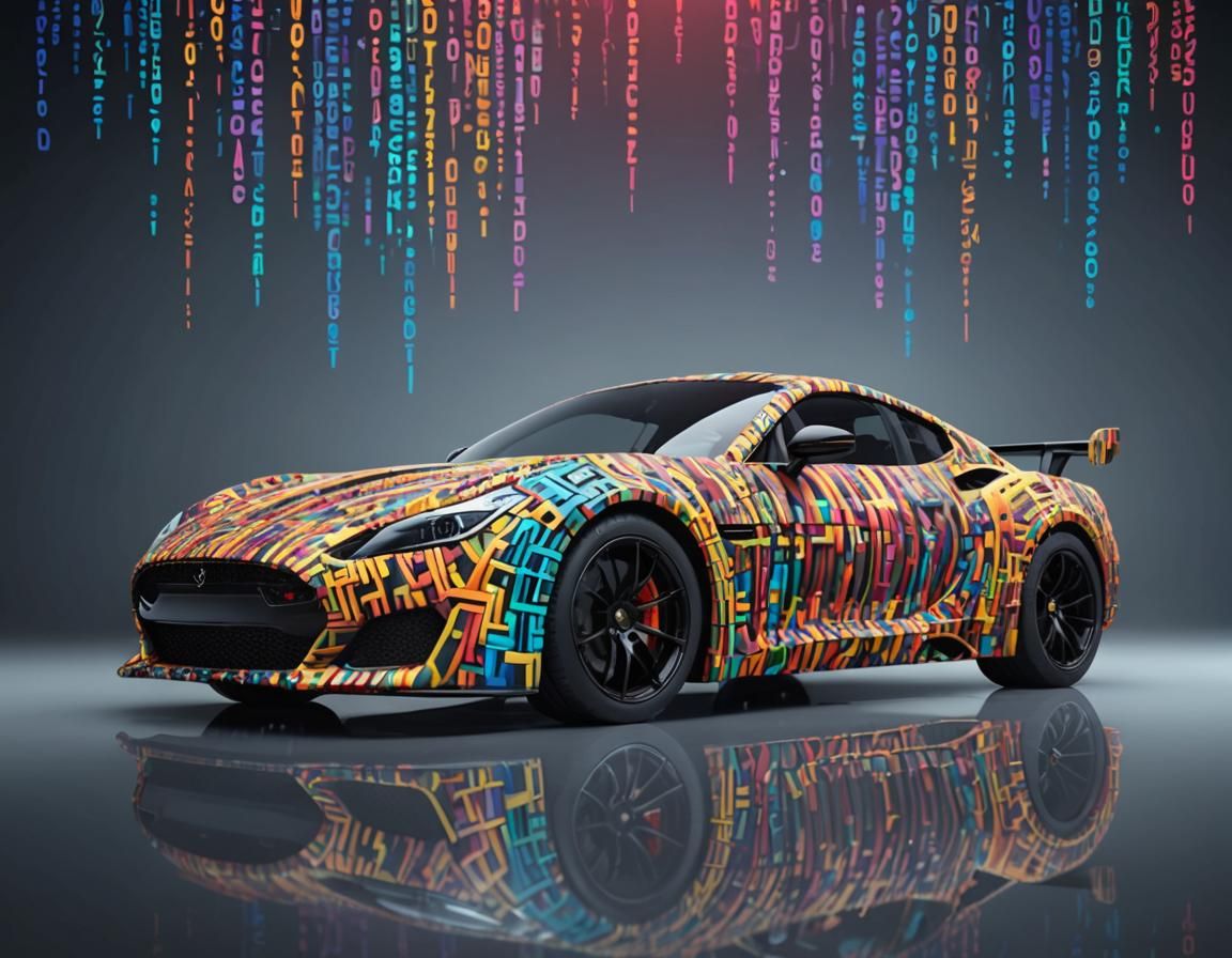 Binary Code Sports Car in Surreal Illustration