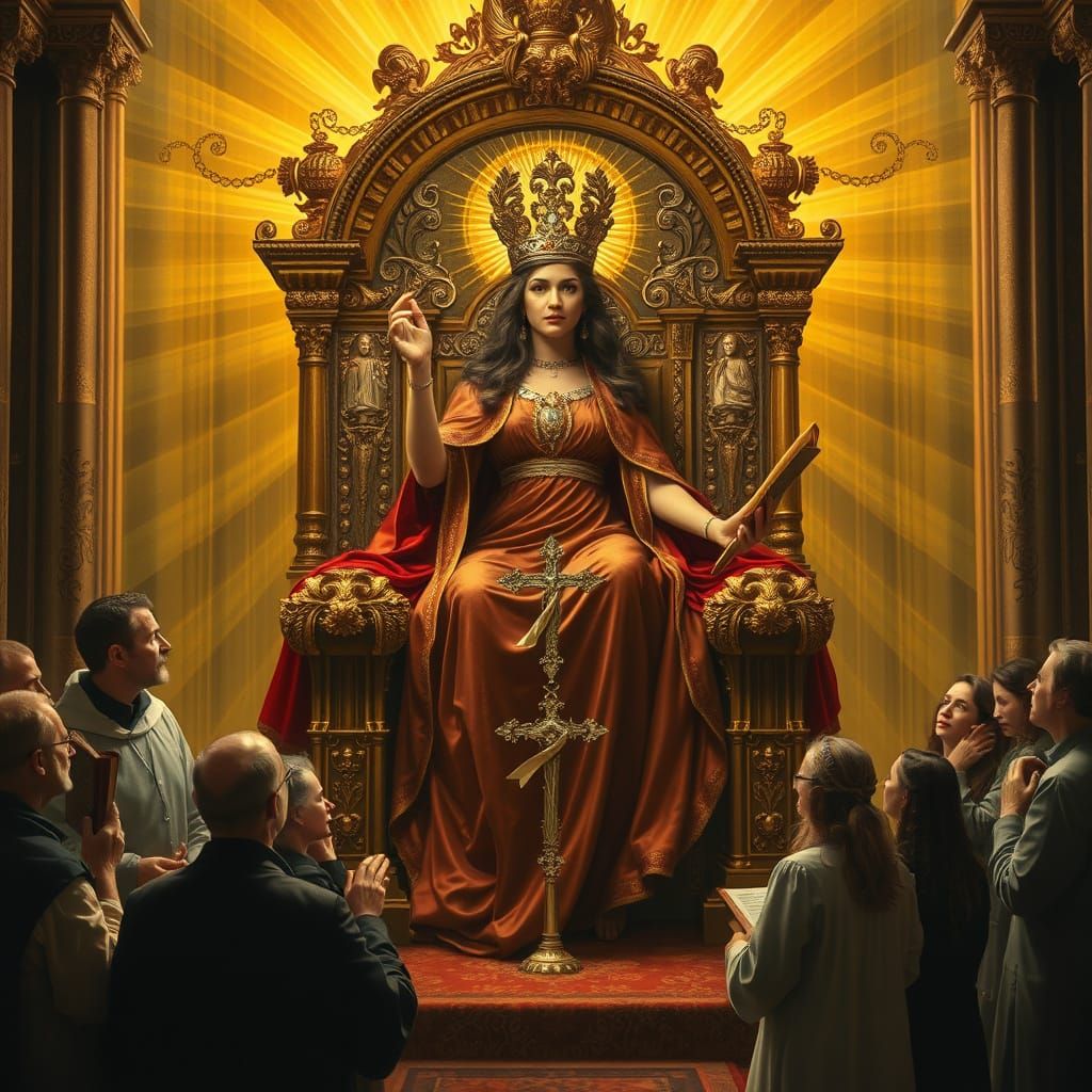 Divine Empress Surrounded by Faithful in Baroque Cathedral