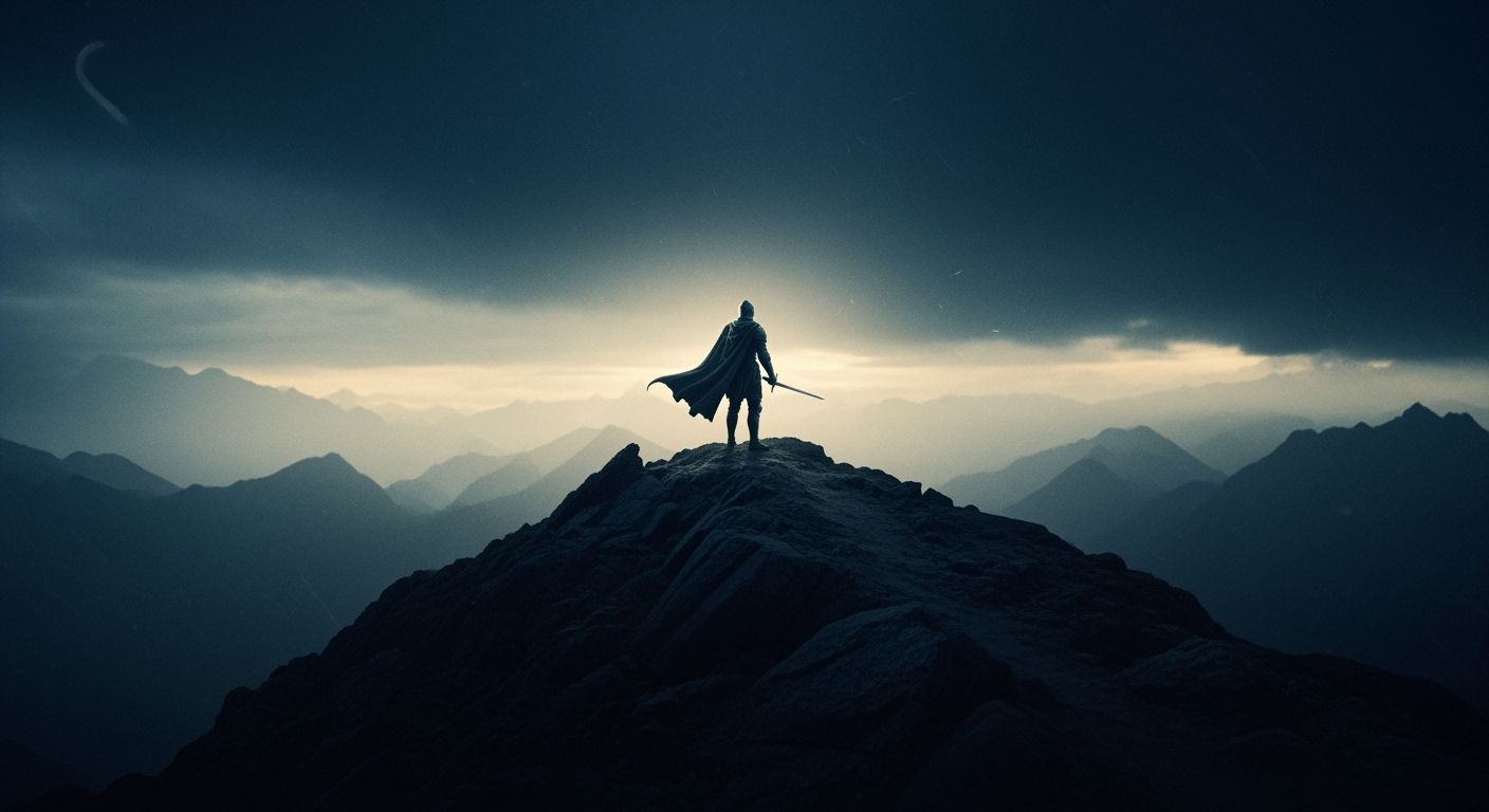 Lone Knight on Mountain Peak in Stormy Sky