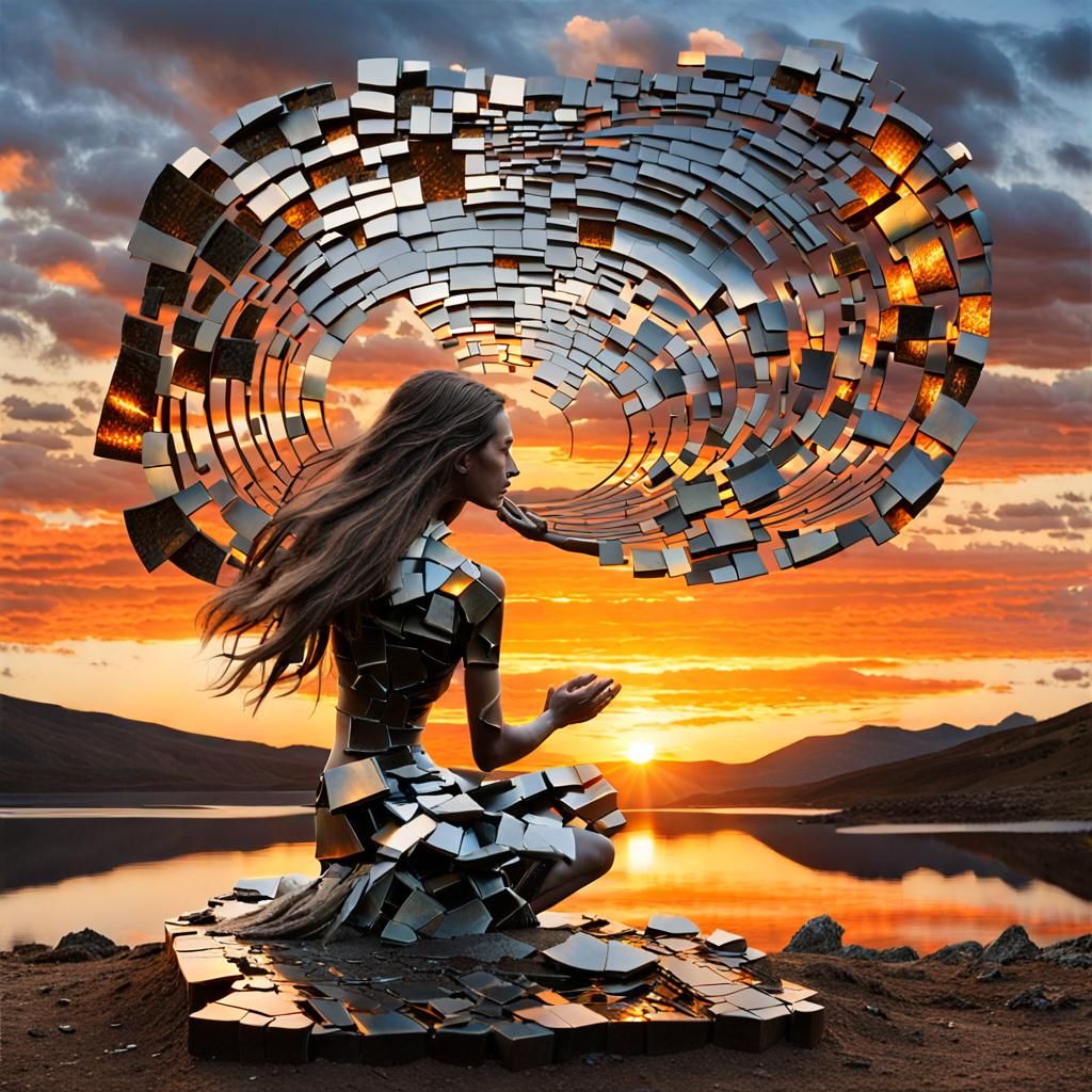 Surreal Sculpture of Woman Kneeling at Sunset