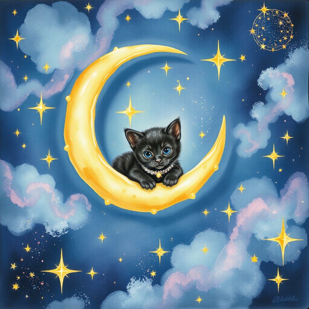 Bejeweled Kitten in Crescent Moon Watercolor