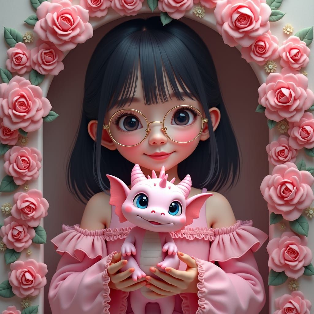 Girl Holding Dragon Behind Rose Archway, Digital Art
