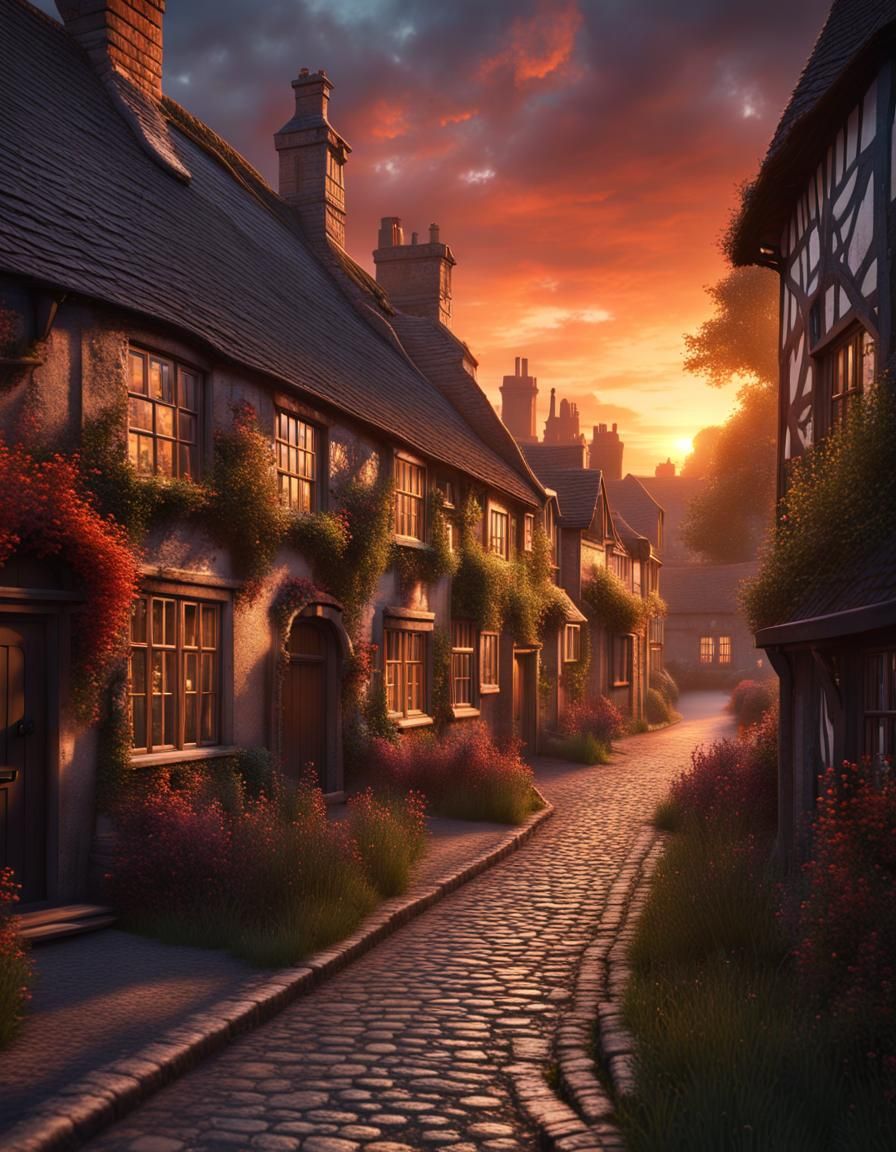 English Village Street Sunset: Matte Painting