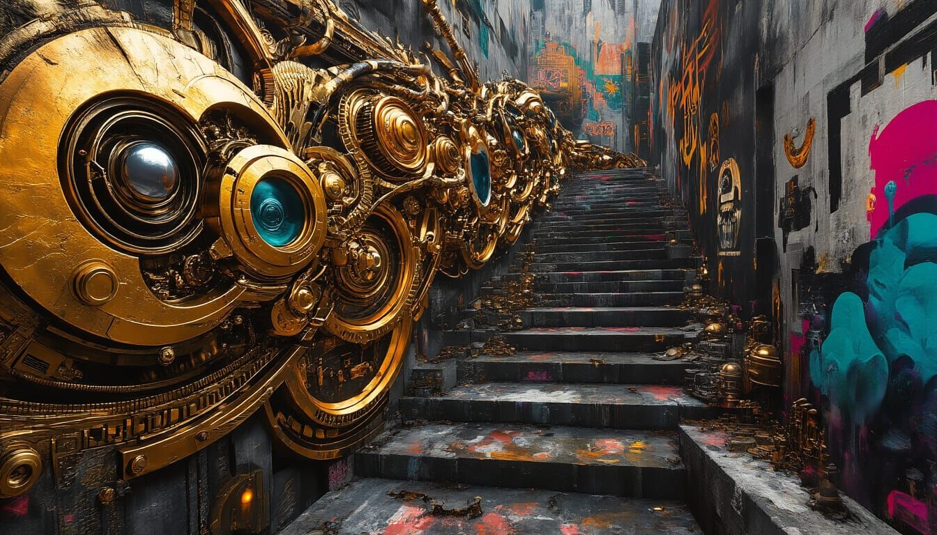 Surreal Metallic Reels on Graffiti Walls, Epic Fantasy Style