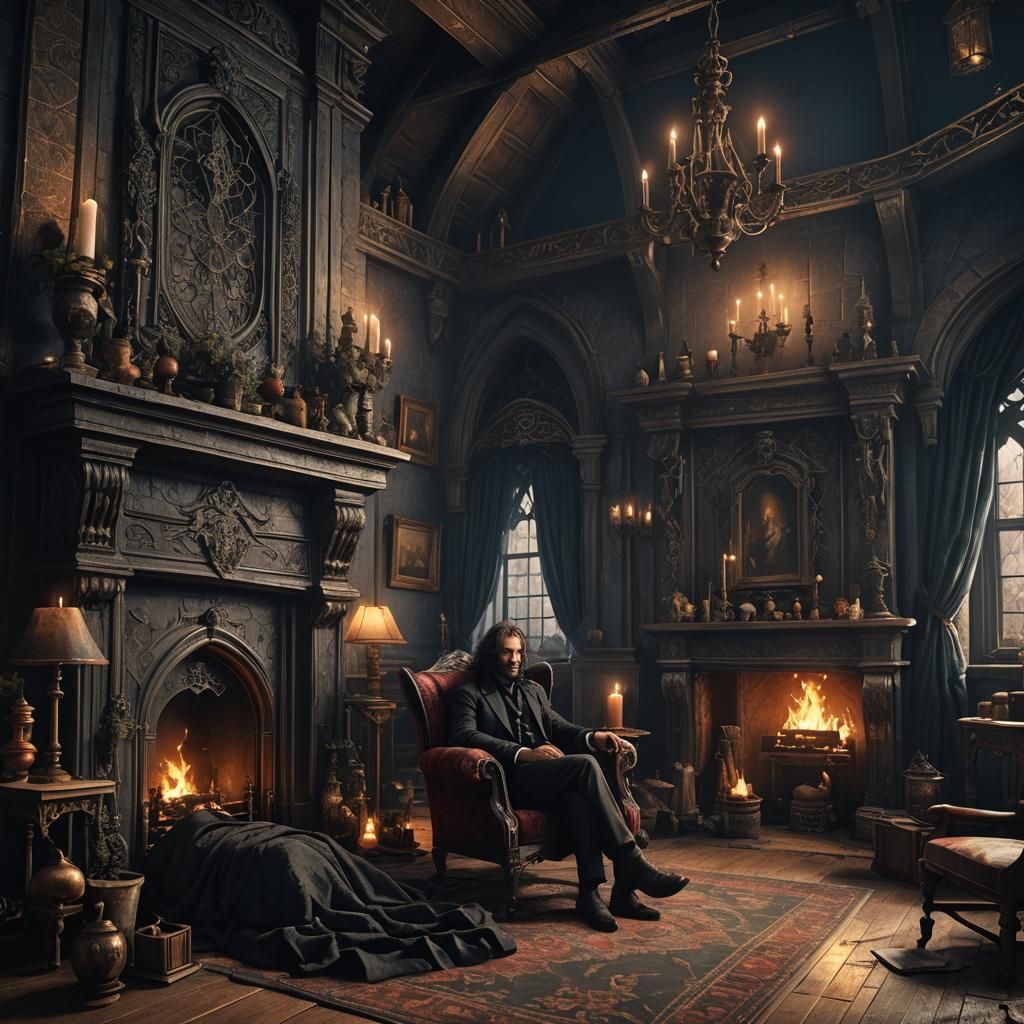 Sirius Black in Gothic Bedroom: Detailed Matte Painting