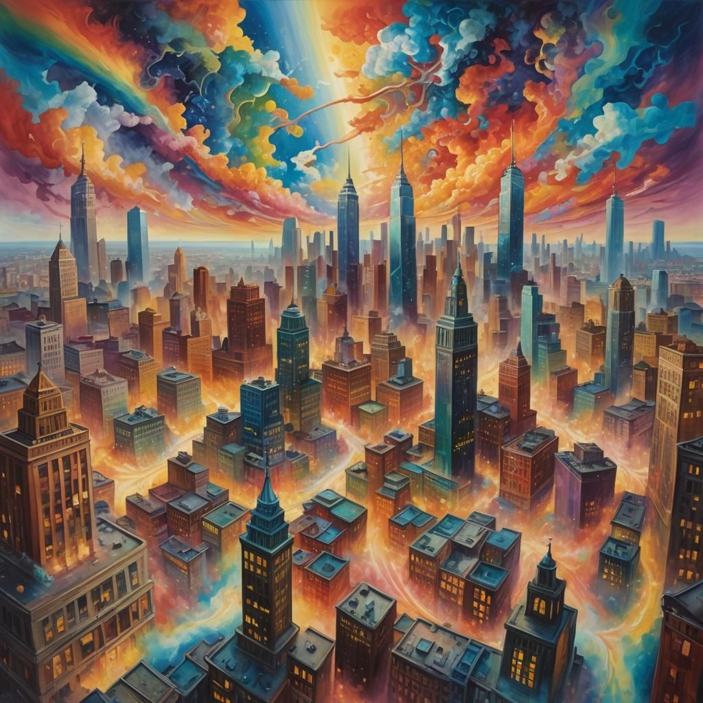 Rainbow Cityscape as Surreal Oil Painting