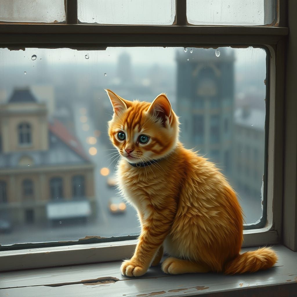 Kitten Gazing at Rainy Cityscape: Photorealistic Impression