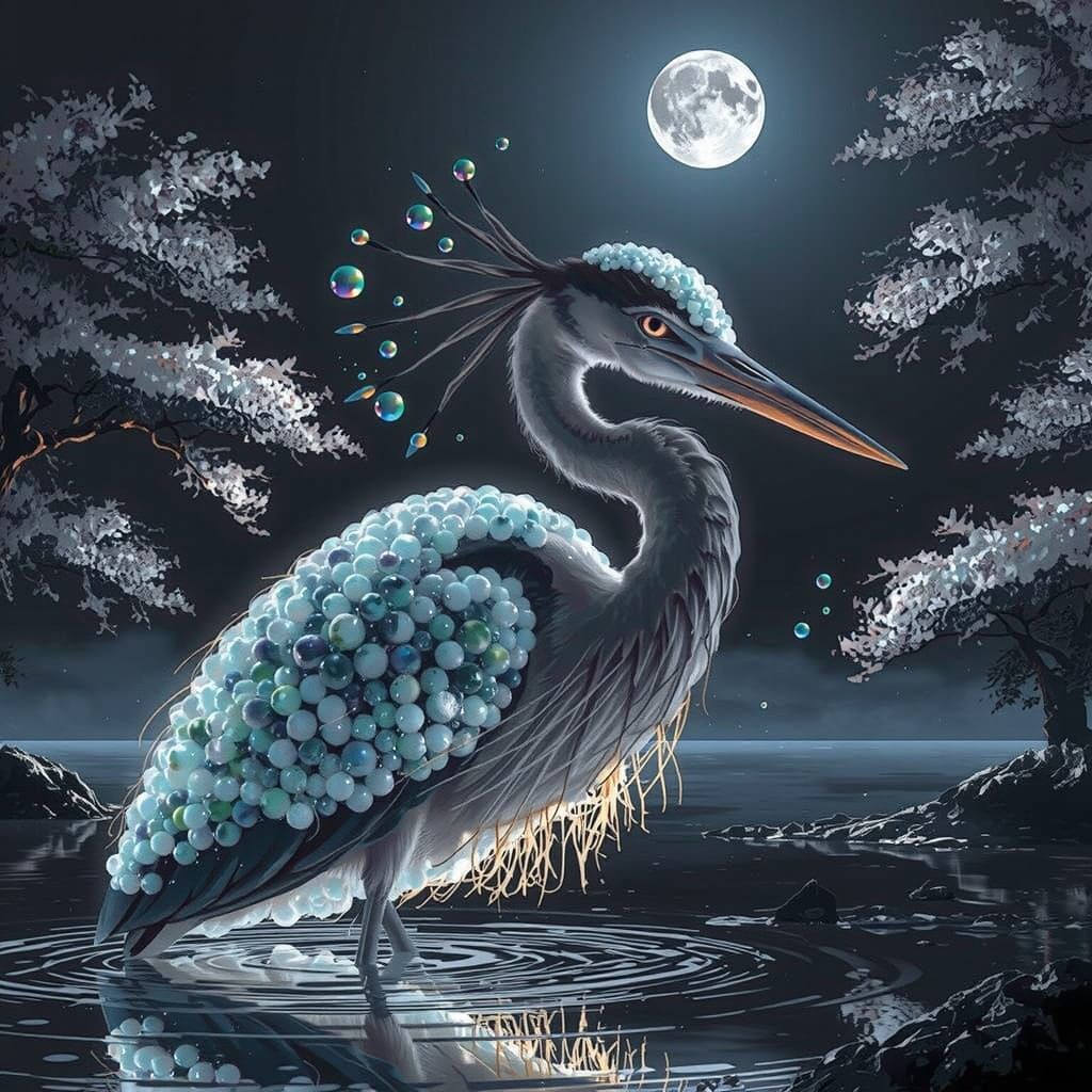 a heron made of iridescent bubbles