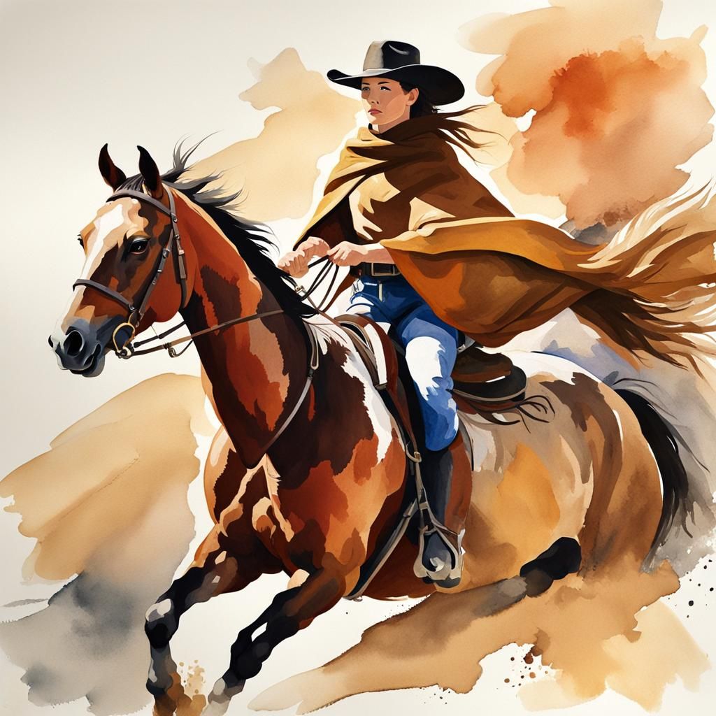 Cowgirl on Wild Horse: Dynamic Watercolor Rodeo Art