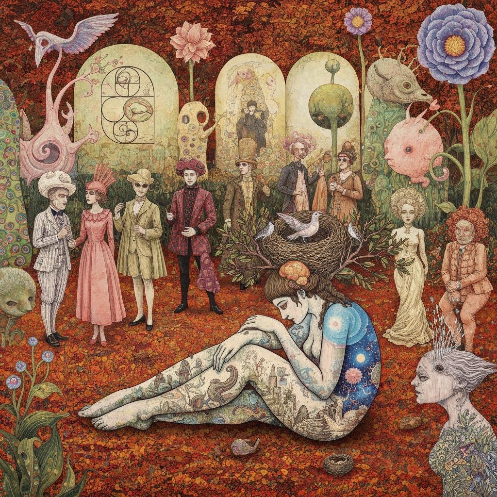 Surreal Garden Party with Bioluminescent Flowers as Collage