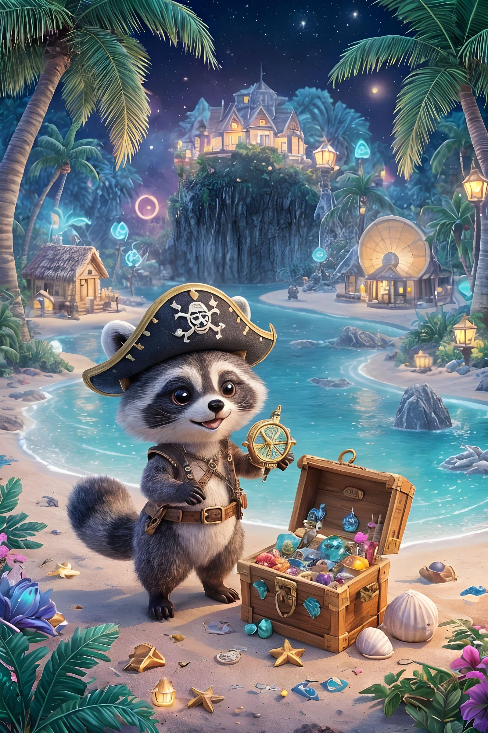 Adorable Fantasy Vacation Prompt:
A cute raccoon pirate invites travelers to its hidden tropical paradise — a glowing fa...
