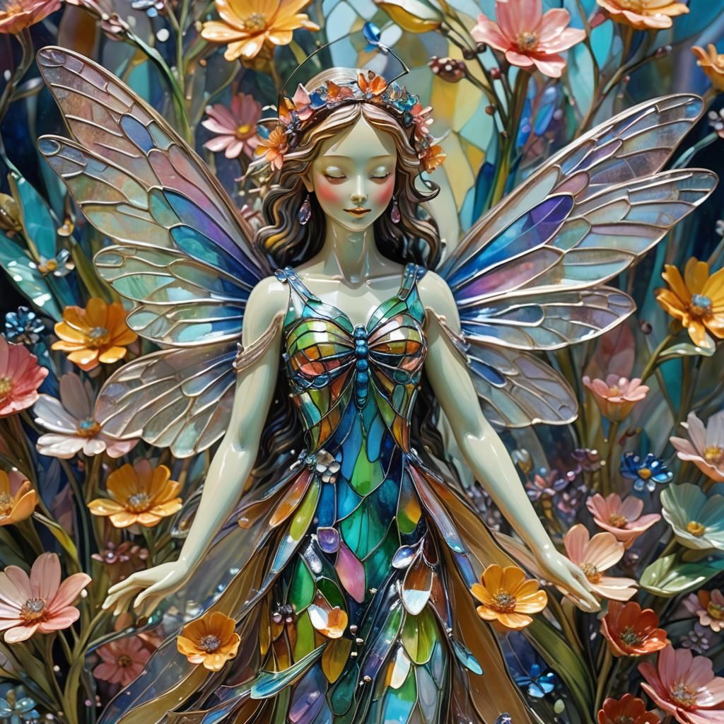 Enameled glass dragon fly winged fairy goddess  Figurine sur...