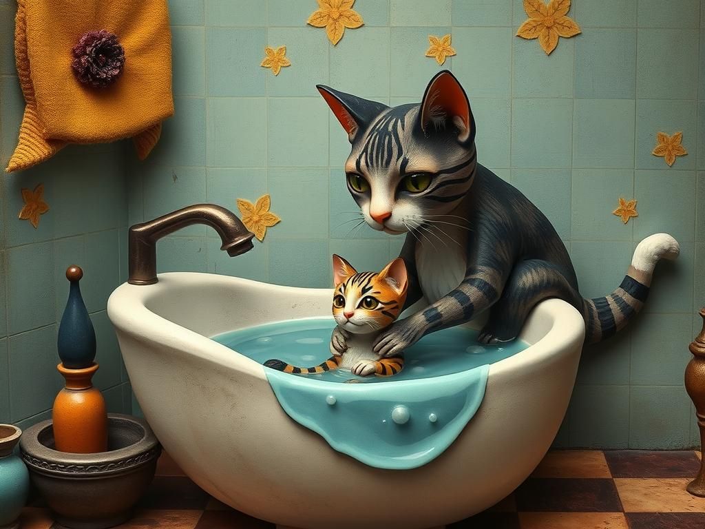 Folk Art Cat Bathing Kitten in 3D