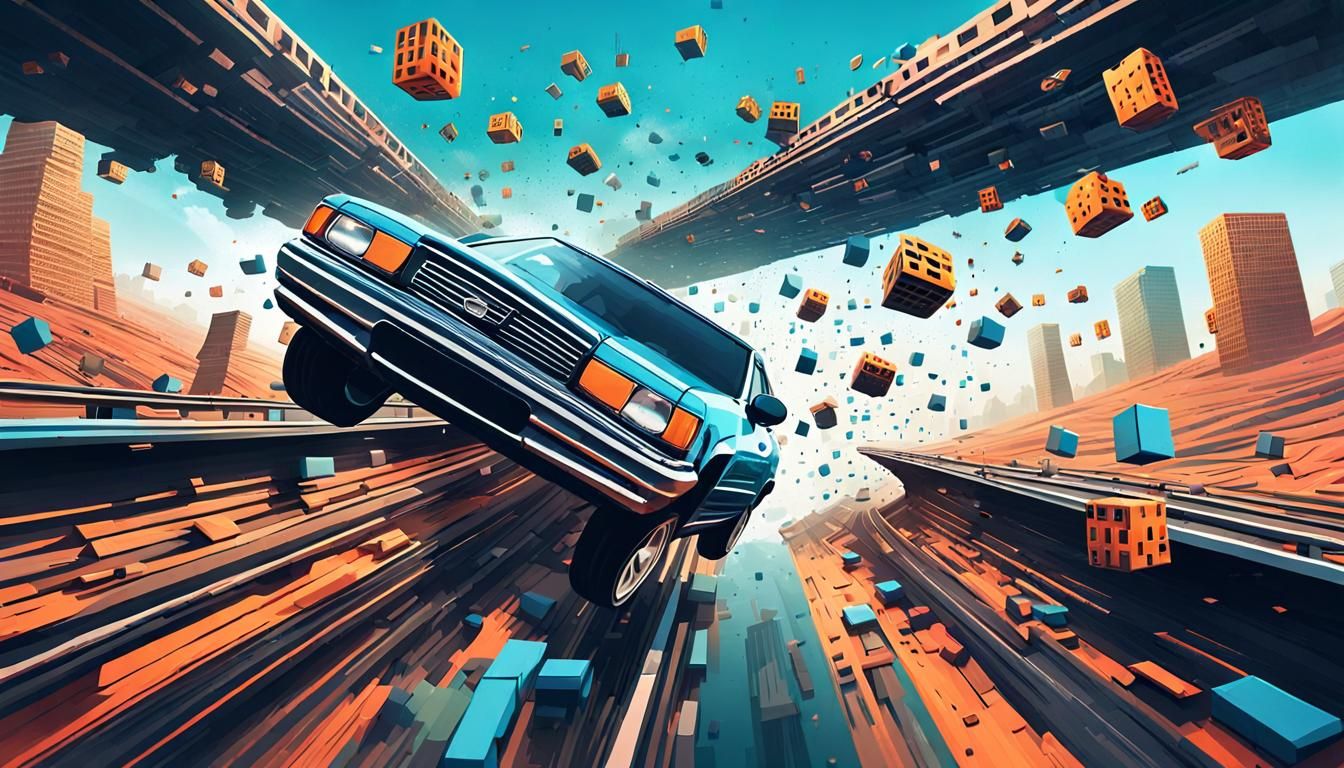 Cyberspace Car Jump on Floating Highway Cubes