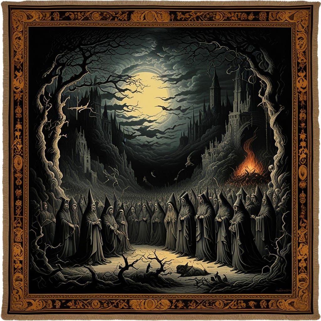 Surreal Witch Gathering in Dark Baroque Tapestry