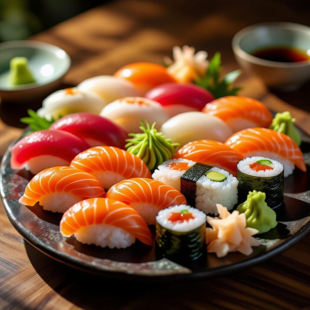 Gourmet Sushi and Sashimi Platter in Photorealistic Style