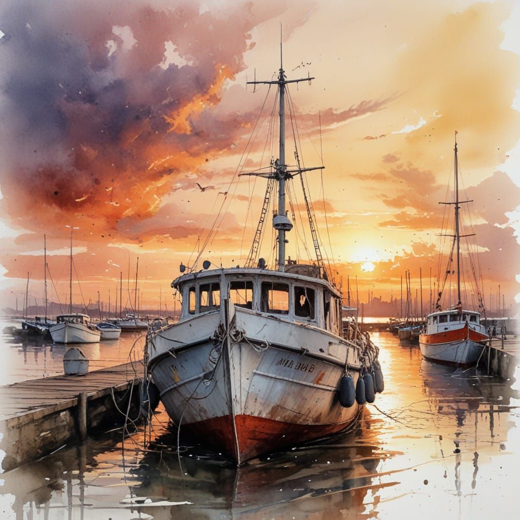 Old Boat at Harbor Dock During Vibrant Sunset
