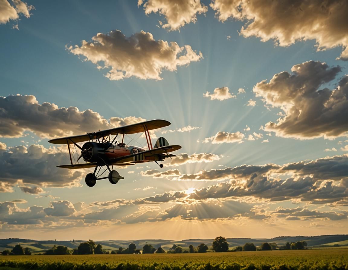 Biplane Over French Countryside in Impressionist Style