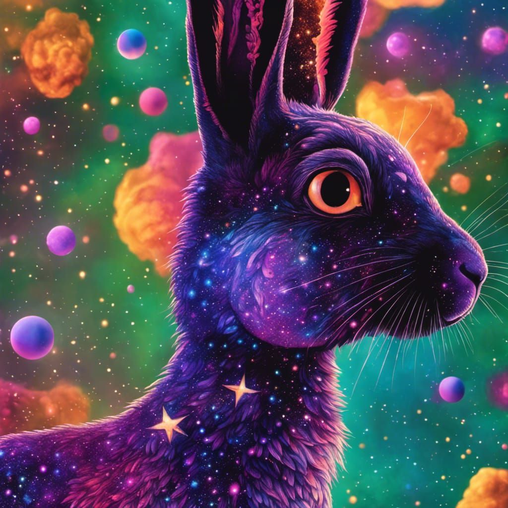 Cosmic Rabbits in Pointillist Astral Illustration