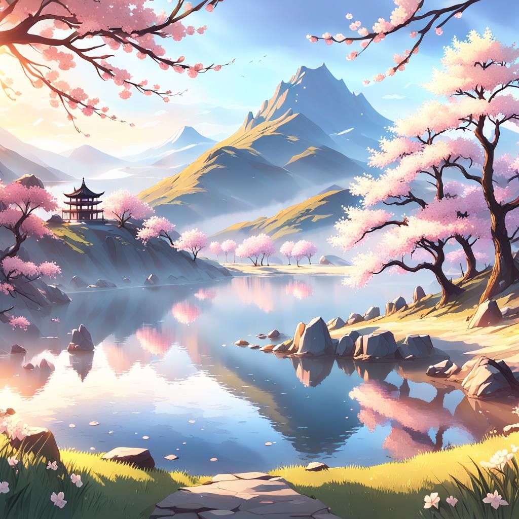 Serene Anime Landscape with Cherry Blossoms