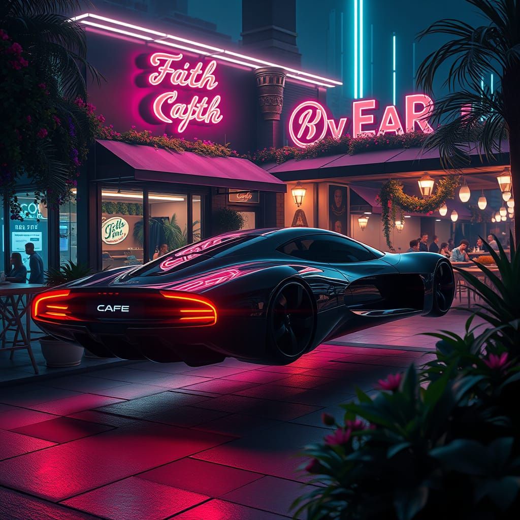 Cyberpunk Hover Car Parked by Neon Cafe at Night
