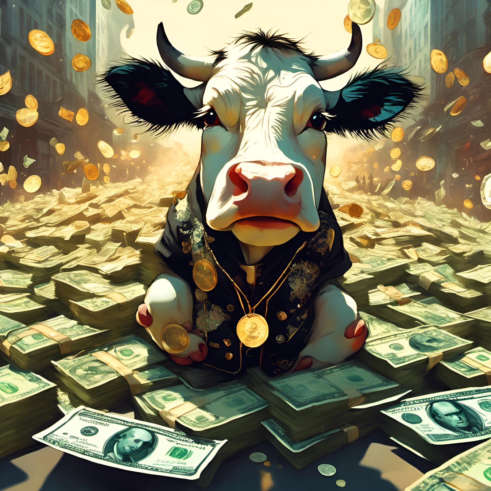 Chibi Cow Surrounded by Money