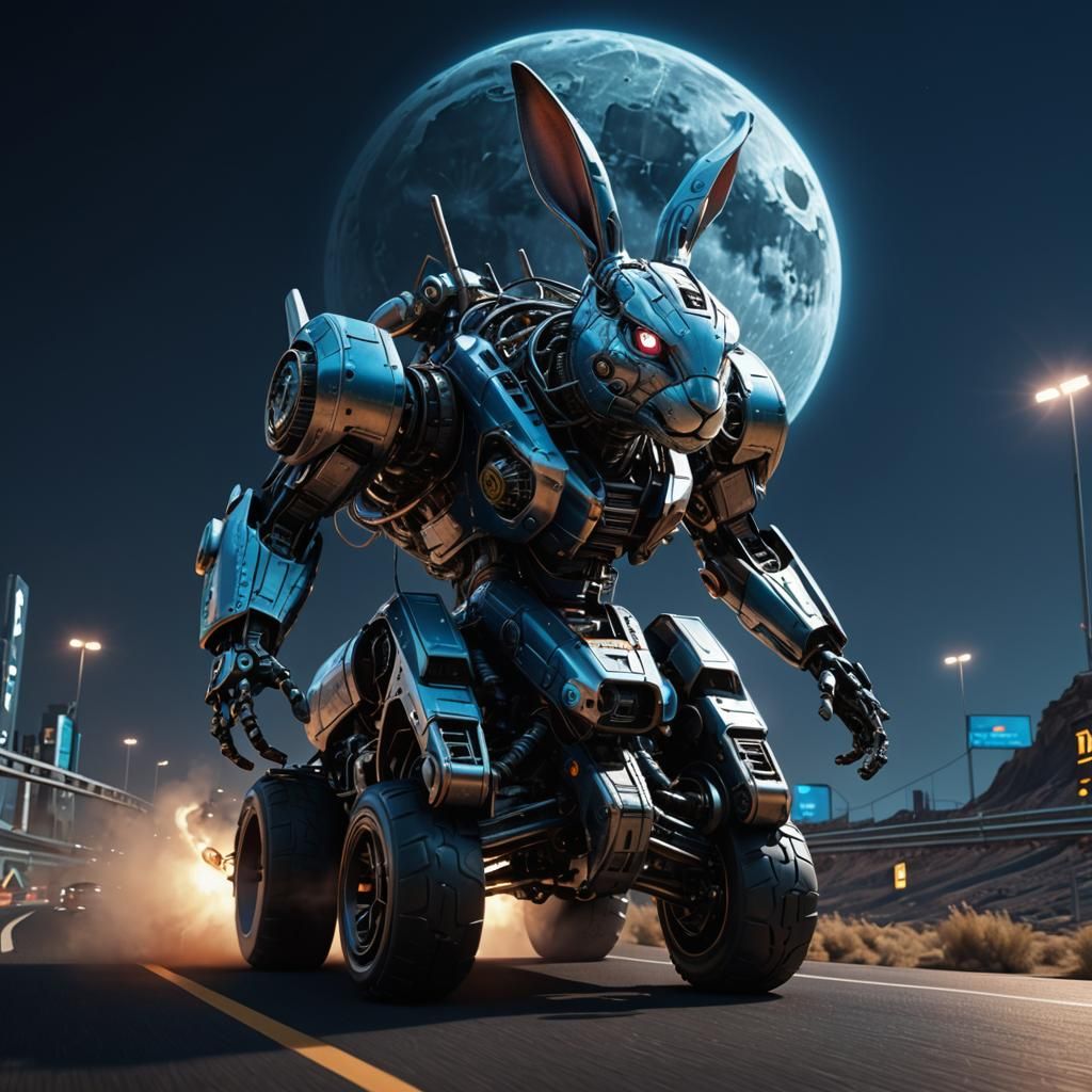 Mechanical Rabbit Races on Futuristic Track in Sci-Fi Render...